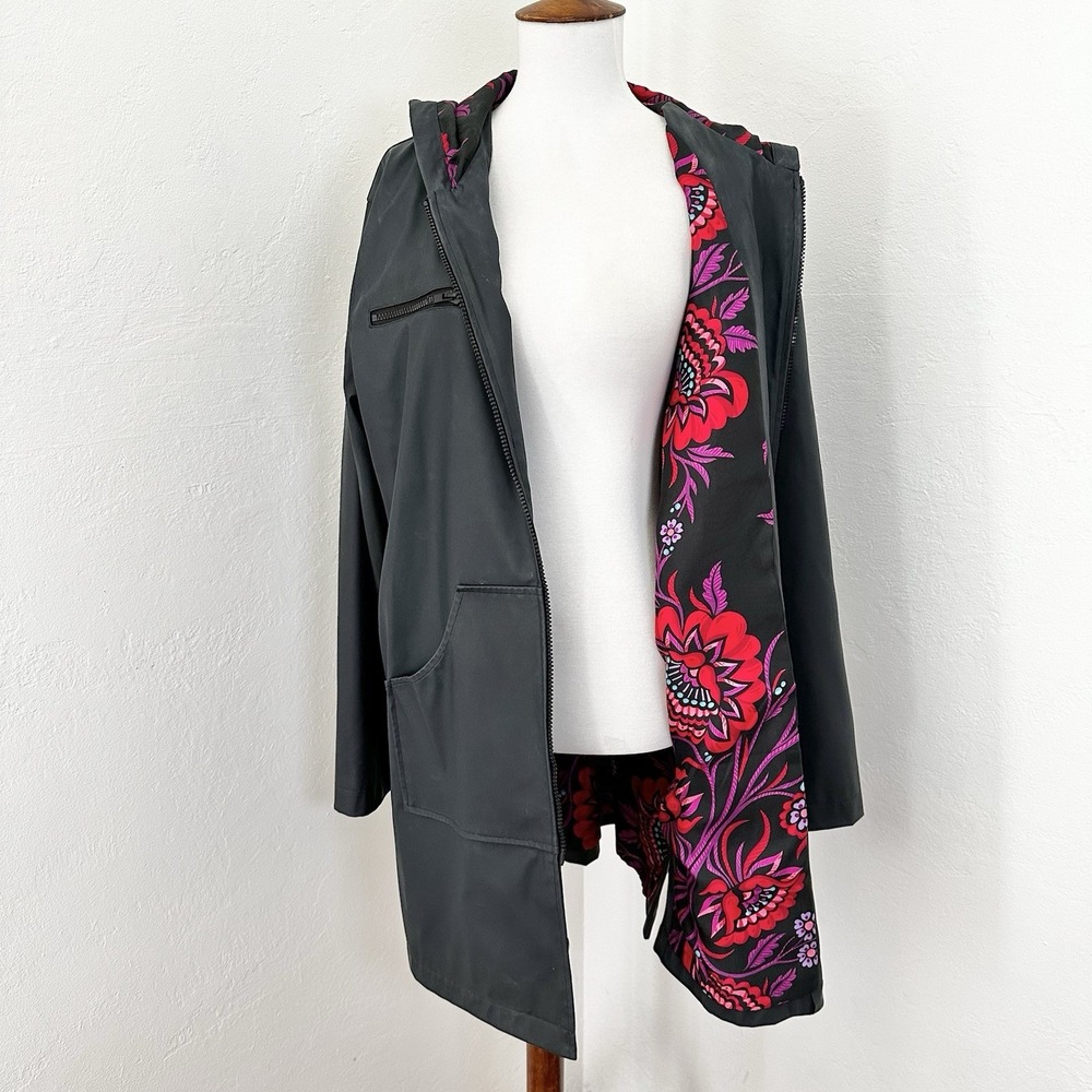 Bob Mackie Wearable Art Raincoat Womens Medium Black Colorful Floral lined